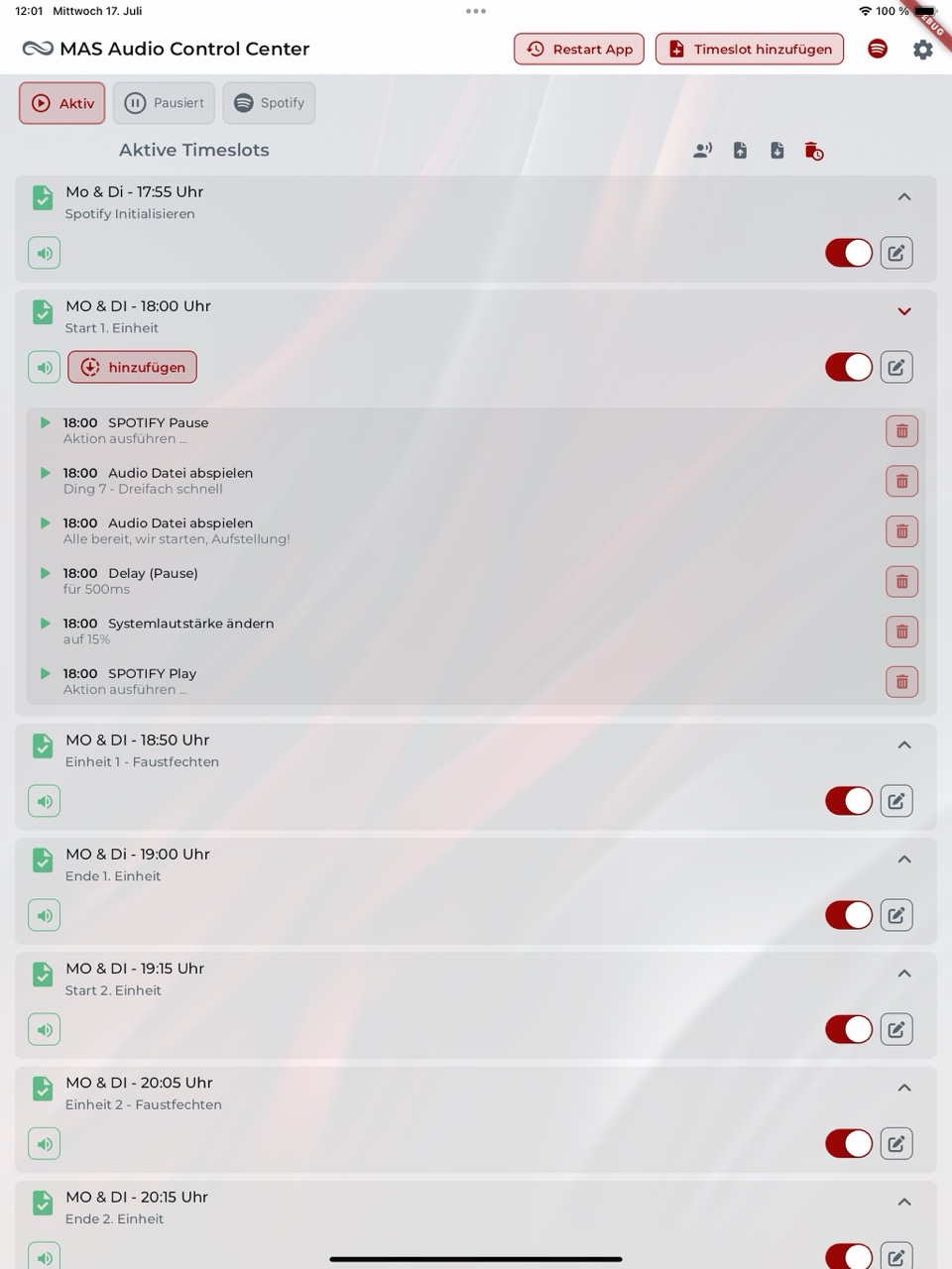 MAS Audio Control App für Trainingsansagen auf Tablet
