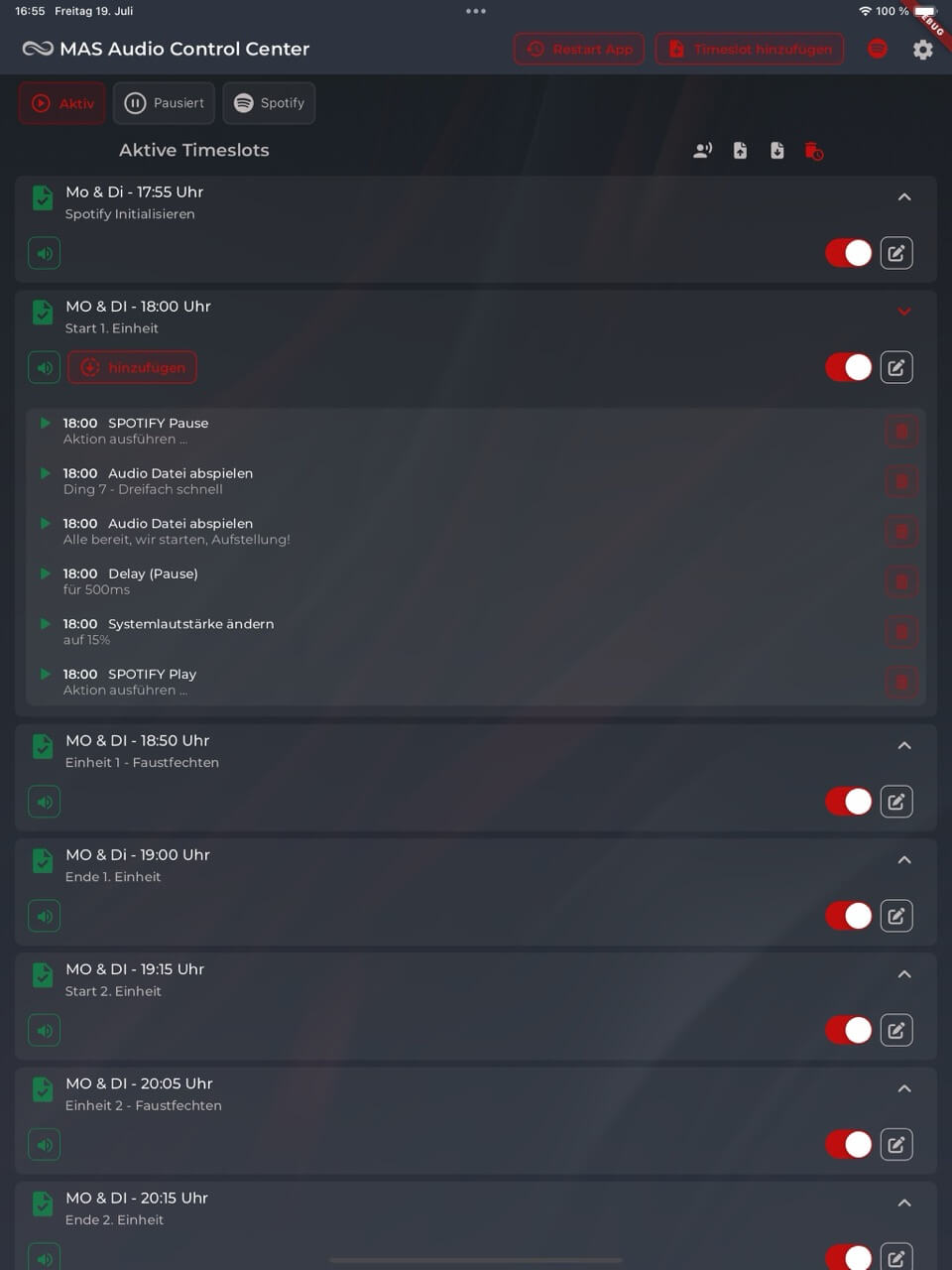 MAS Audio Control App für Trainingsansagen im Dark Mode
