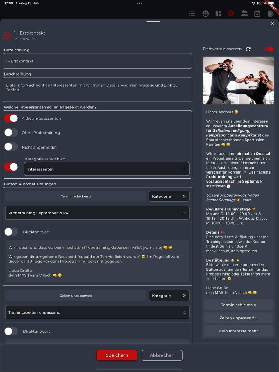 MAS Trial Training App im Dark Mode